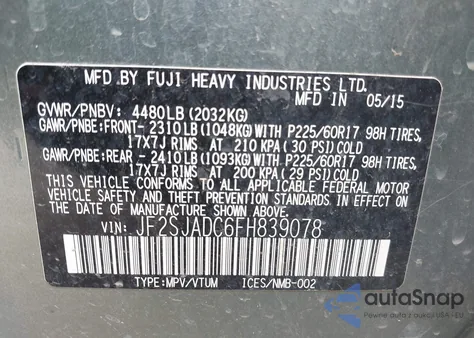 2015 Subaru Forester 2.5I Premium from USA, damaged, VIN JF2SJADC6FH839078